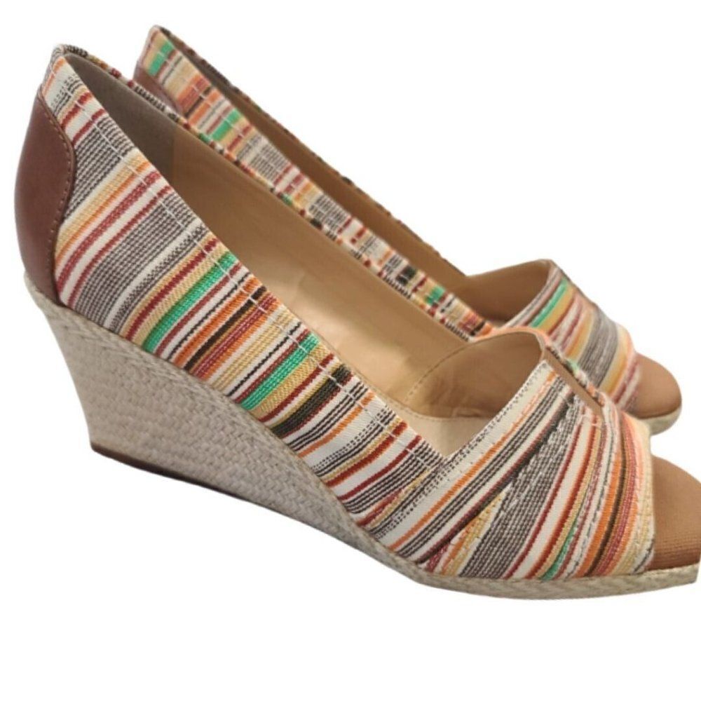 Michelle D Stripe Peep Toe Espadrille Wedges, size 9 1/2